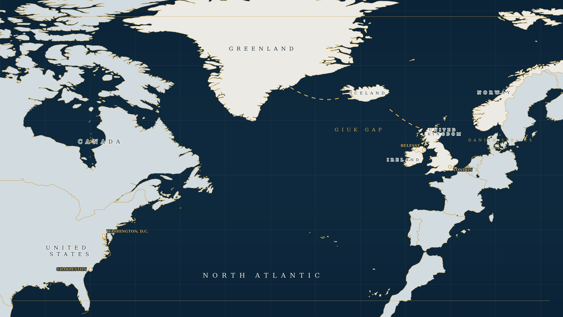 Editorial map of the Atlantic Archipelago, showing the two GIUK Gap passages and Charleston, Washington, Belfast and London