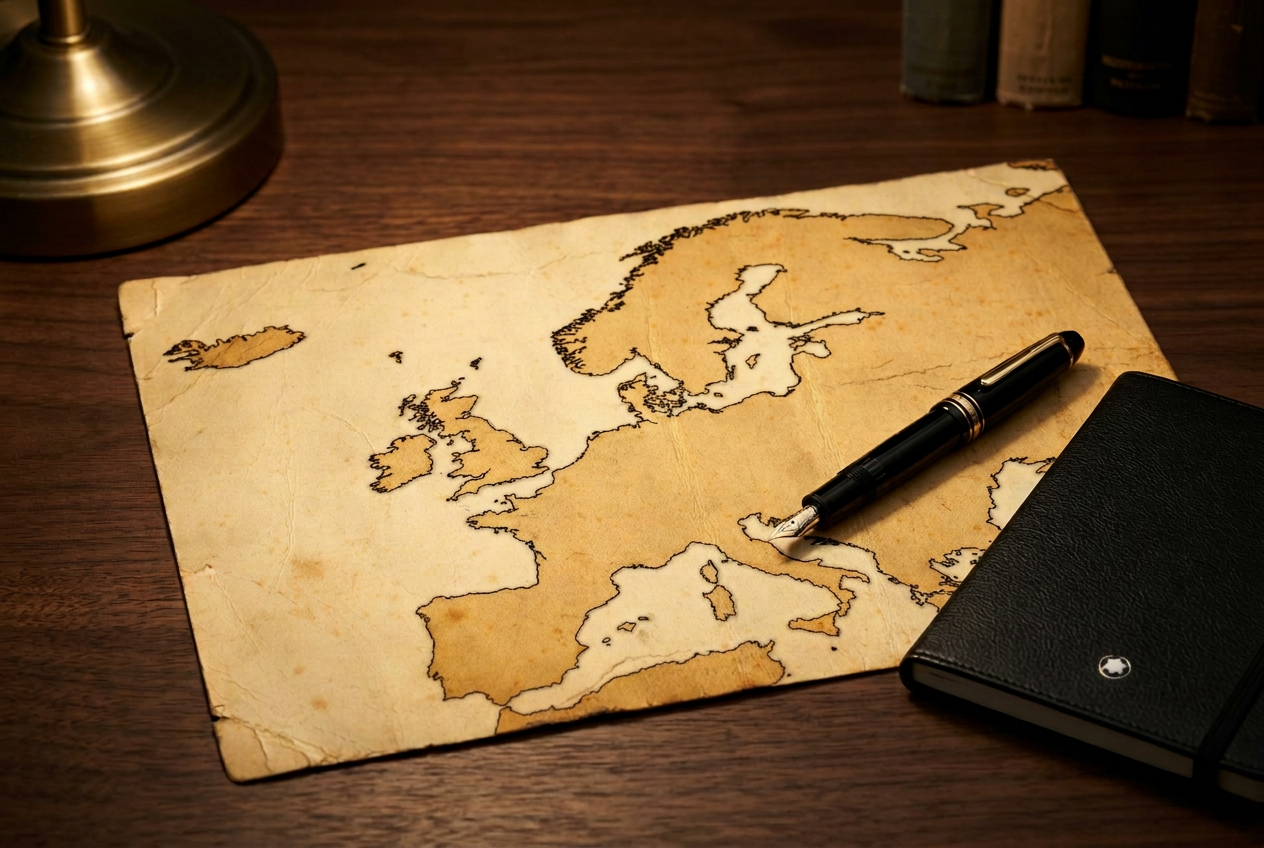 An old map of Europe on a walnut desk with a Montblanc Meisterstück fountain pen and black leather notebook, lit by warm lamplight